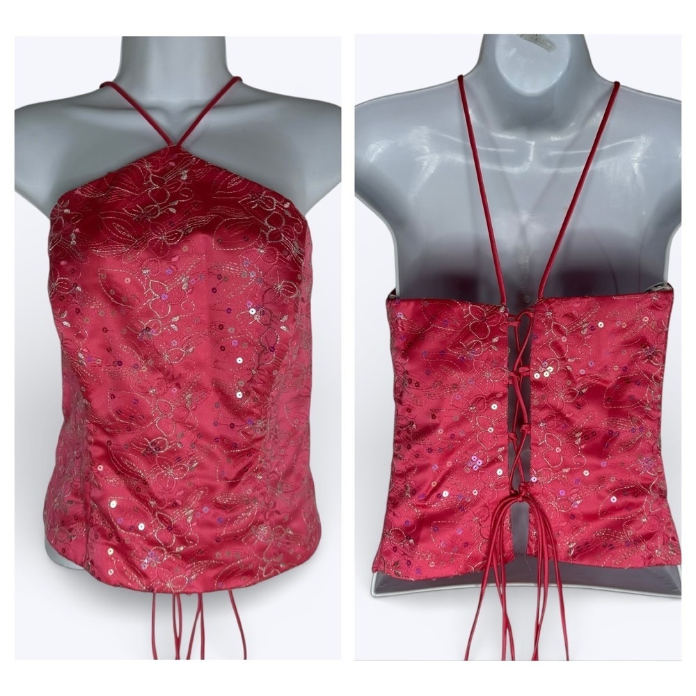 Blondie Nites Y2K Sequined Halter‎ Corset Top Hot Pink Going Out Fairy Sz 11/12